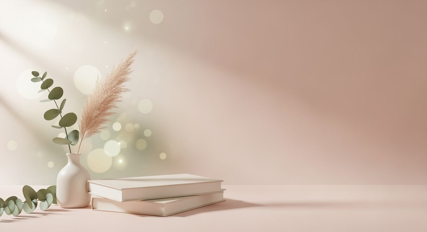Vase with eucalyptus leaves and a book on a table Background Image