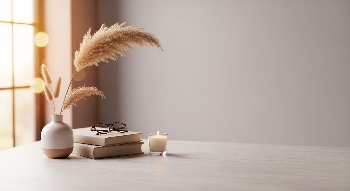 Vase with pampas grass and a candle on a table Background Image