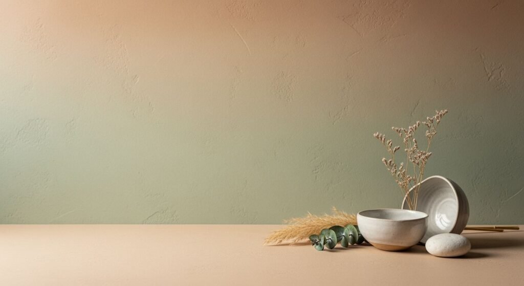 White bowl sitting on top of a table next to a plant Background Image