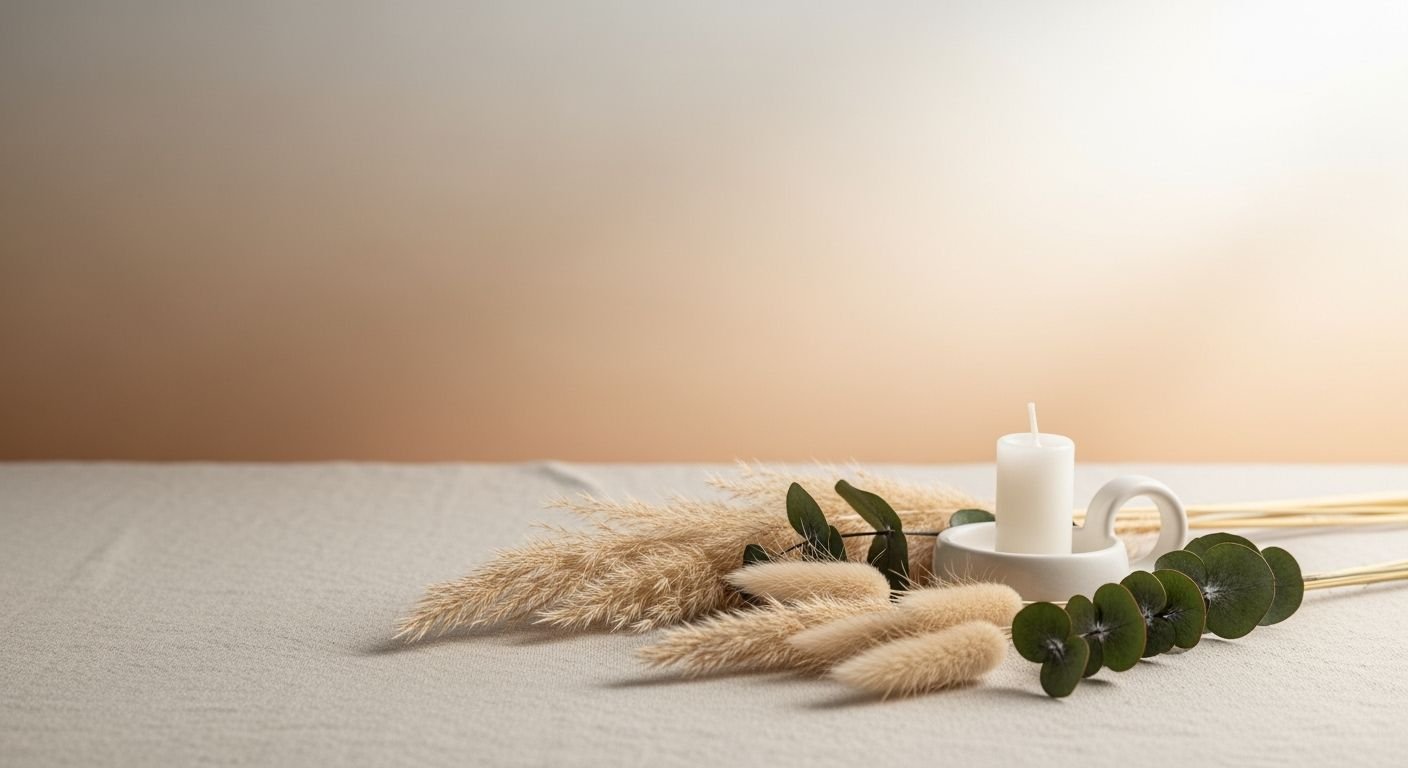 White candle sitting on top of a table next to some grass Background Image