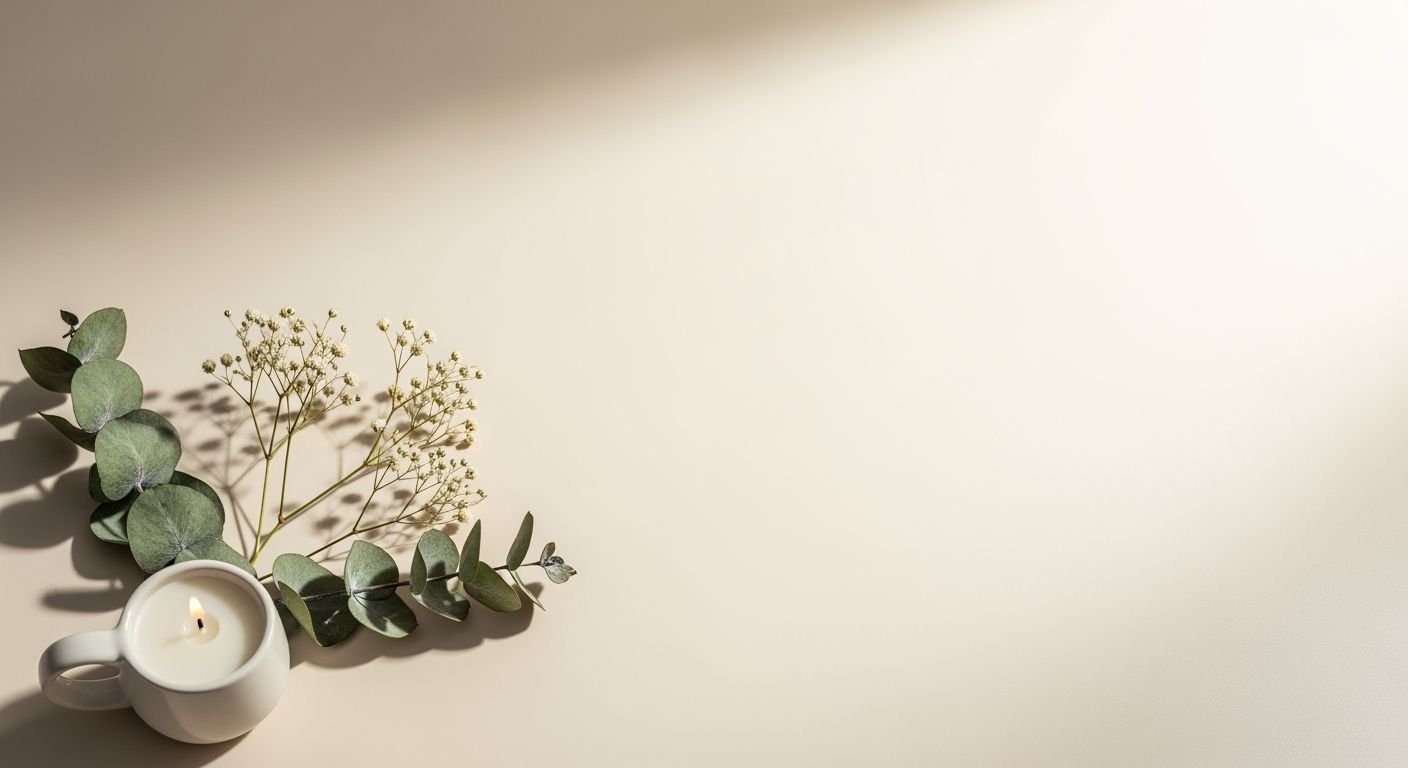 White candle sitting on top of a table next to a bunch of flowers Background Image