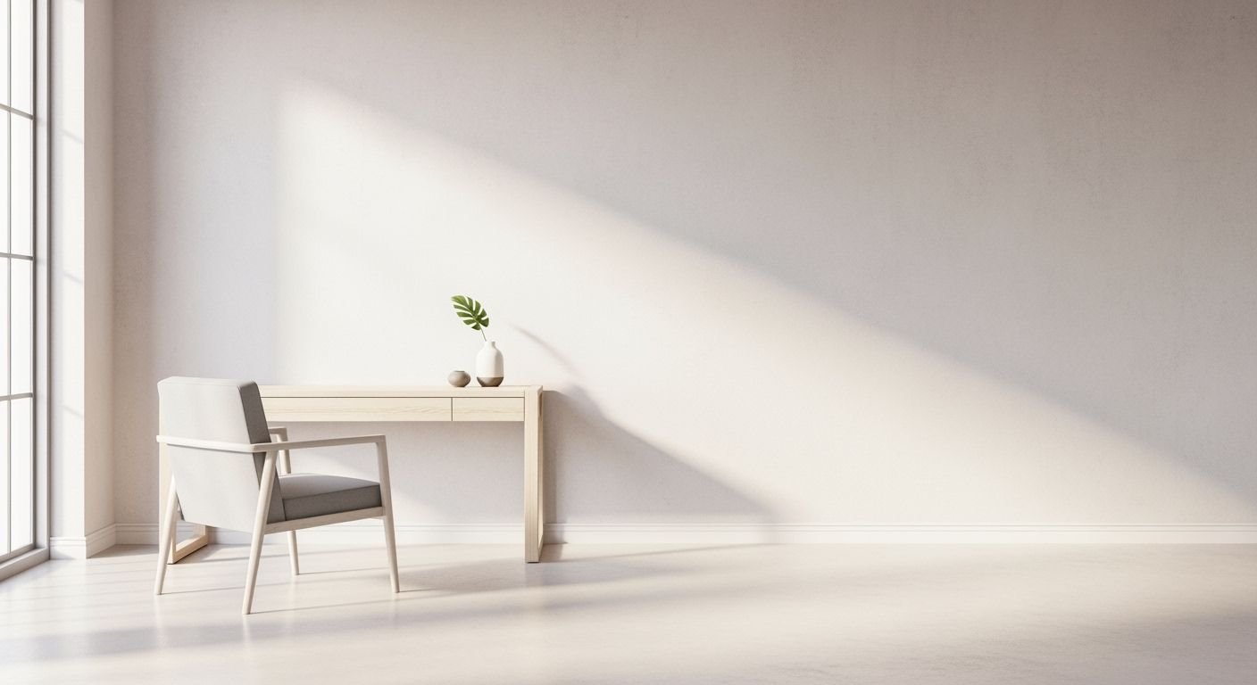 White desk with a plant on top of it next to a window Background Image