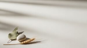 White egg sitting on top of a table next to a leaf Background Image