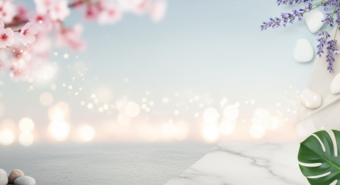 White marble table with flowers and pebbles on it Background Image