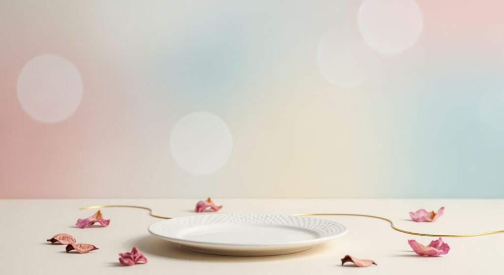 White plate sitting on top of a table next to pink flowers Background Image
