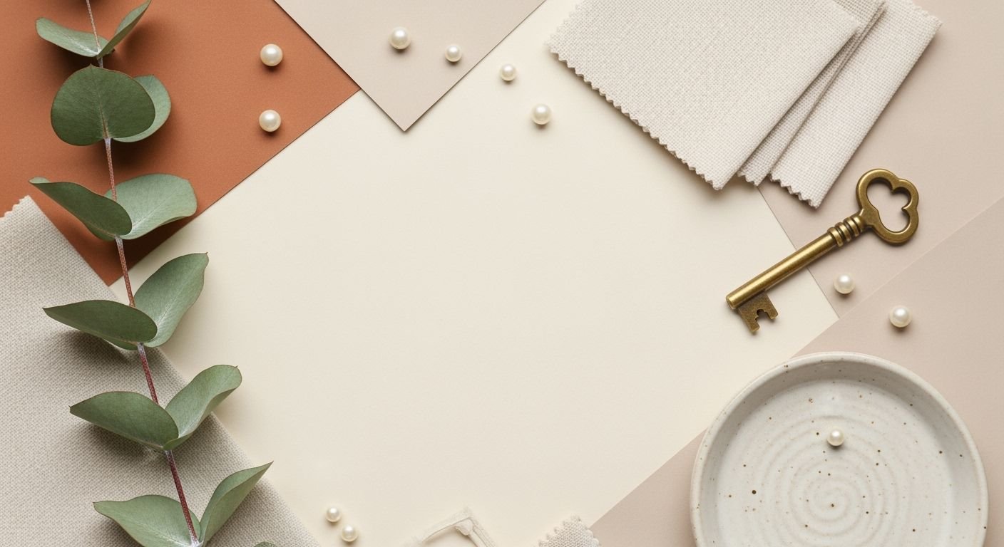 White plate with a gold key on top of it next to a plant Background Image