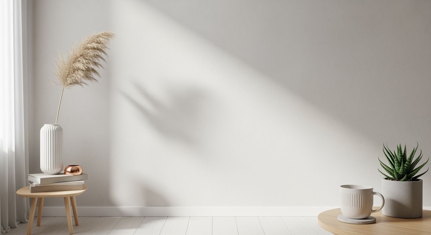 White room with a plant on a table next to a window Background Image