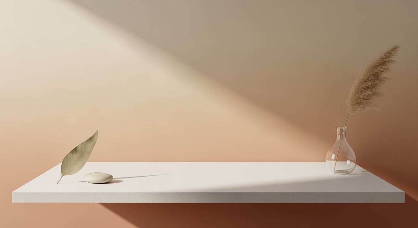 White shelf with a vase and a leaf on it Background Image