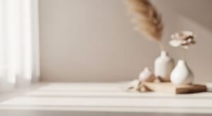 White shelf with vases and flowers on it Background Image
