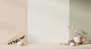 White table topped with a cup of coffee next to a plant Background Image