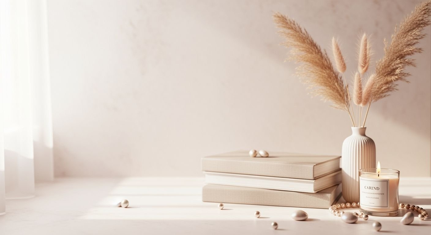 White table topped with books and a vase filled with pampas grass Background Image