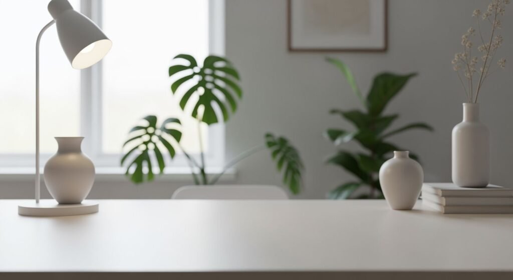 White table with a lamp and vases on it Background Image