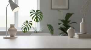 White table with a lamp and vases on it Background Image