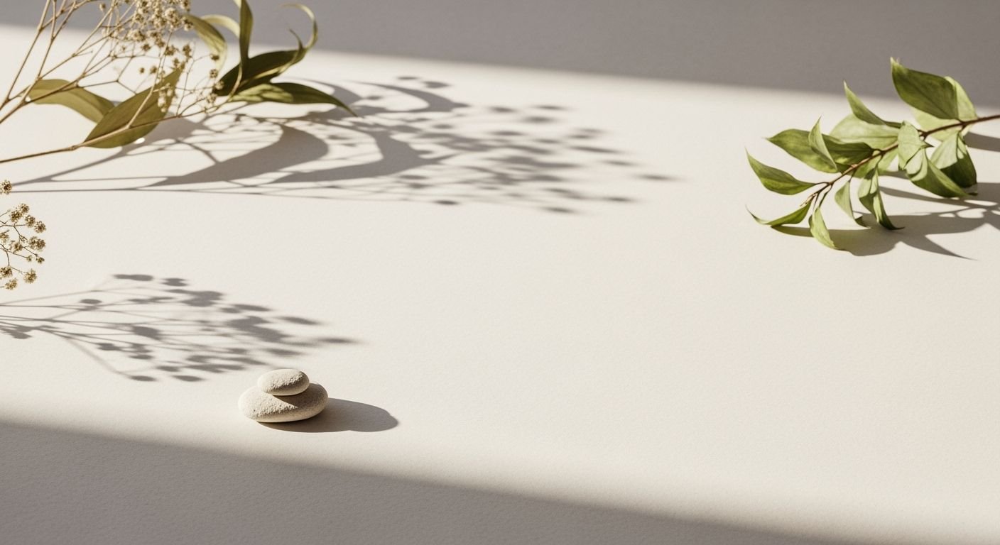 White table with a plant and a stone on it Background Image