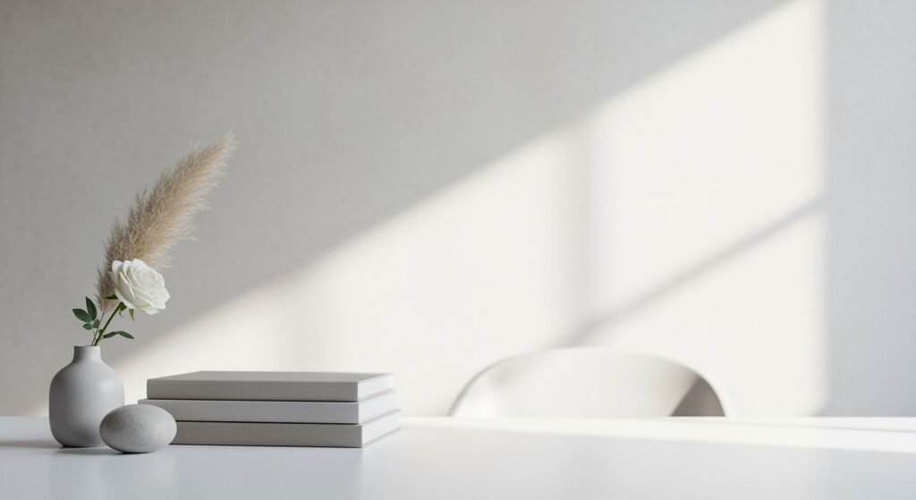 White table with a vase of flowers and books on it Background Image