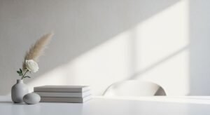 White table with a vase of flowers and books on it Background Image