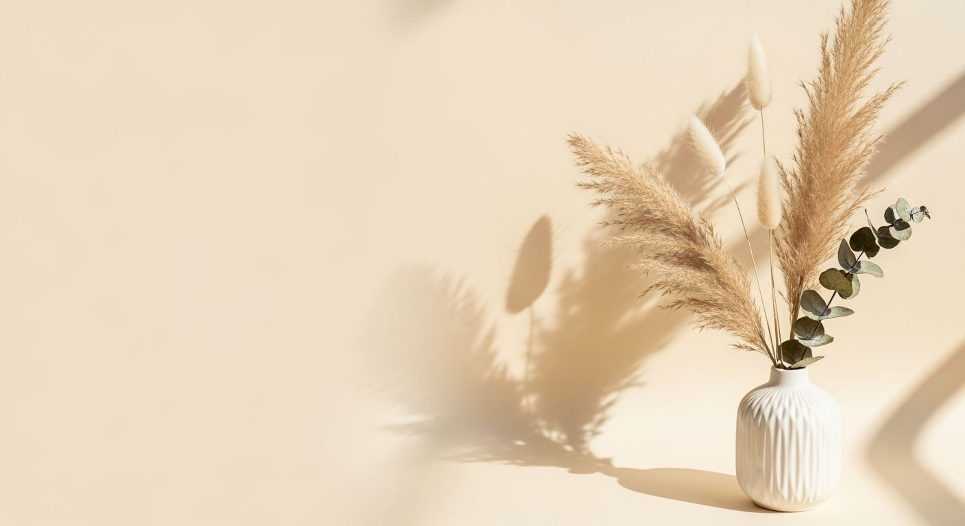 White vase filled with pampas grass on top of a table Background Image