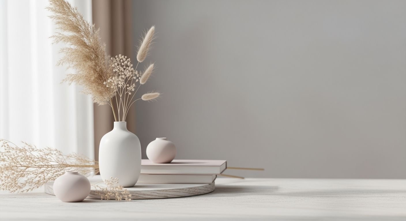 White vase sitting on top of a table next to a book Background Image