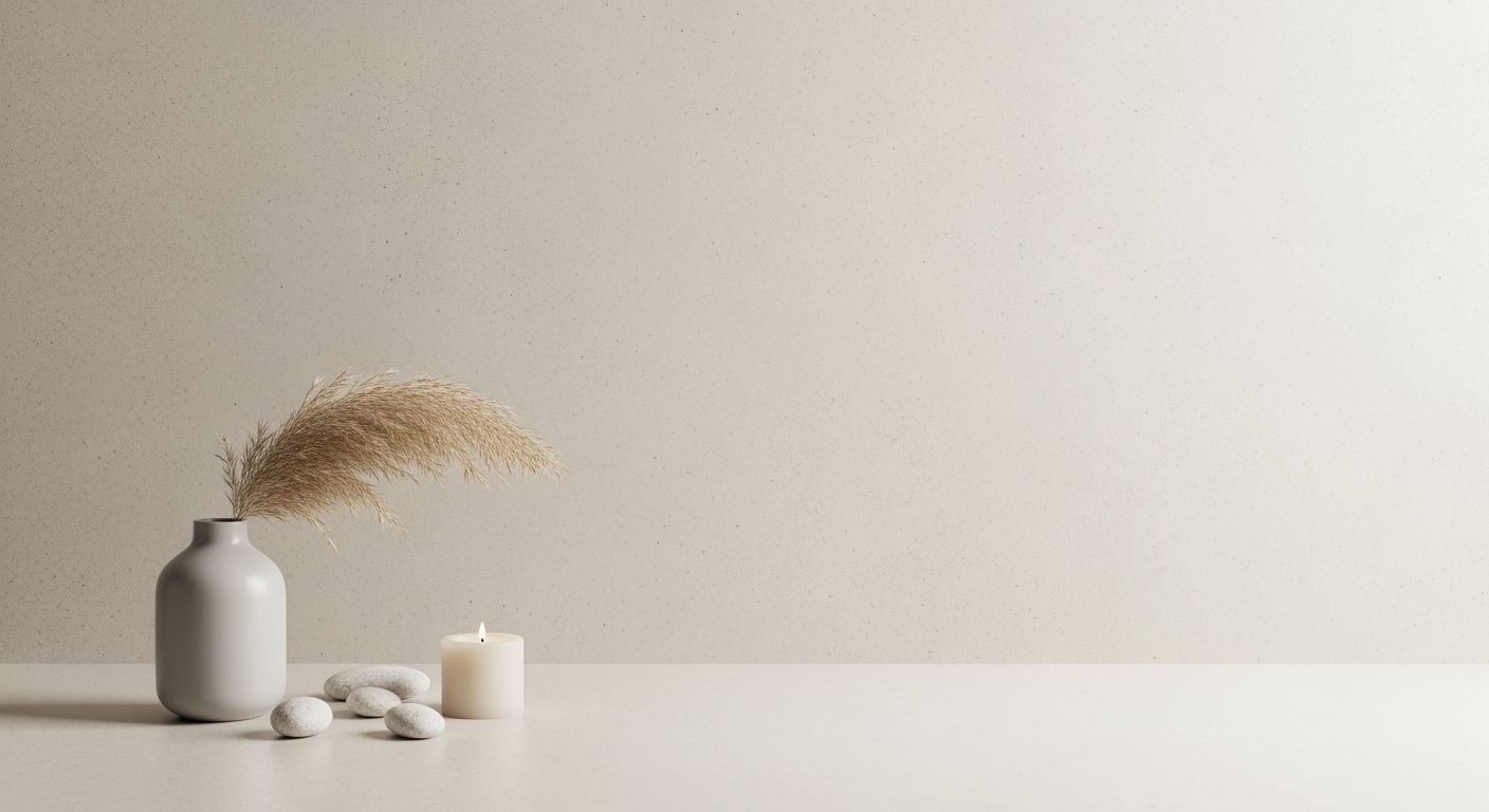 White vase sitting on top of a table next to a candle Background Image