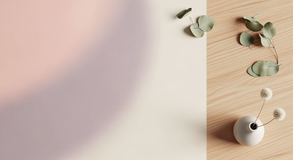 White vase with eucalyptus leaves on a wooden table Background Image