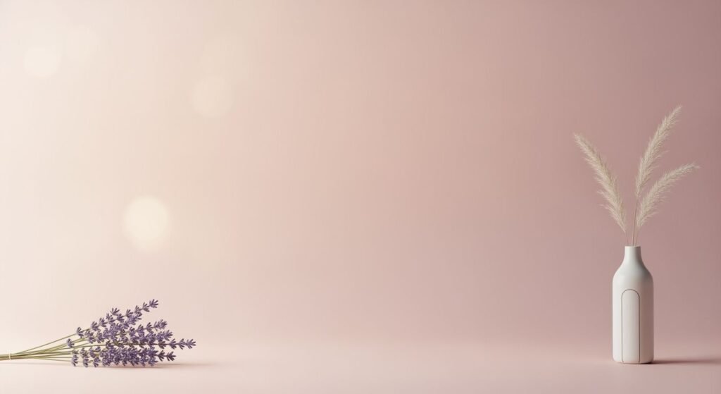 White vase with lavender flowers in it on a pink background Background Image