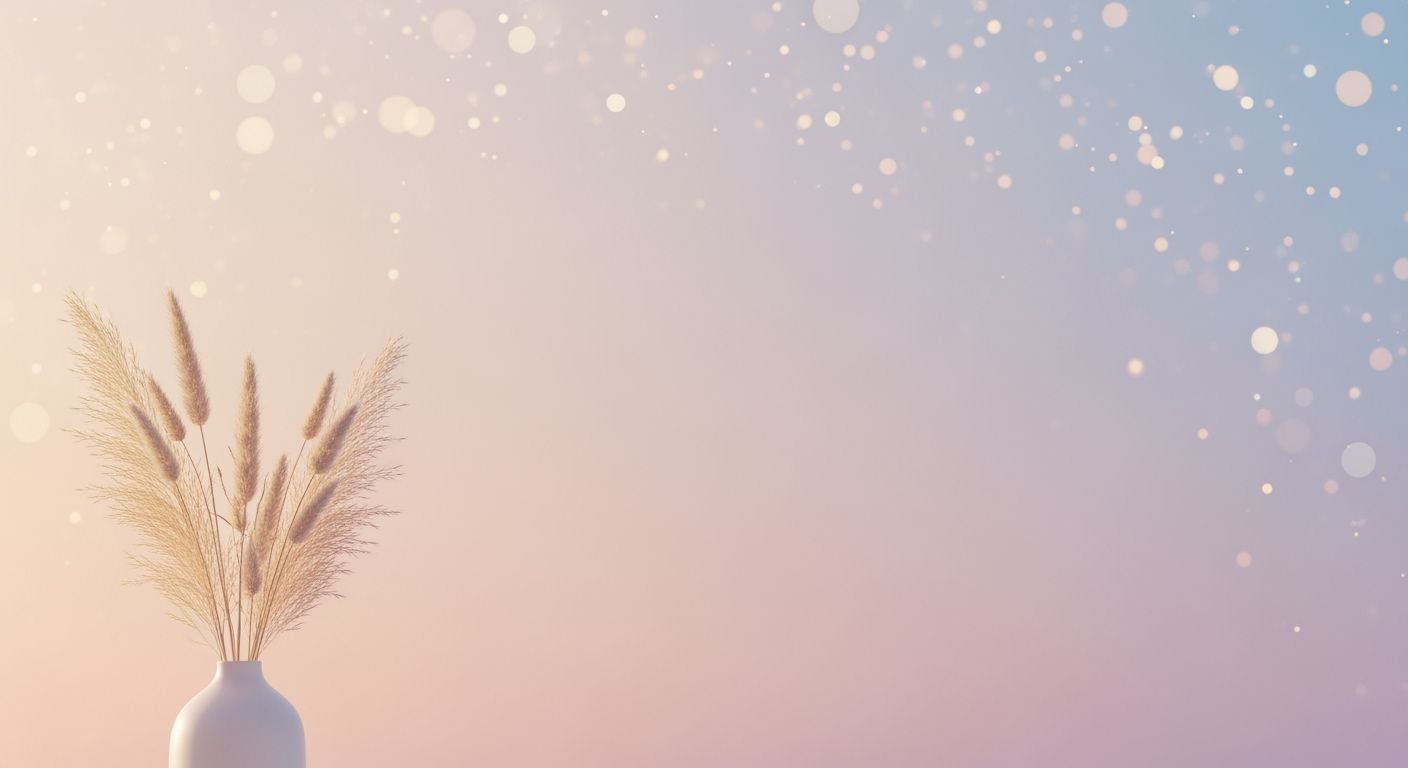 White vase with pampas grass in it on a table Background Image