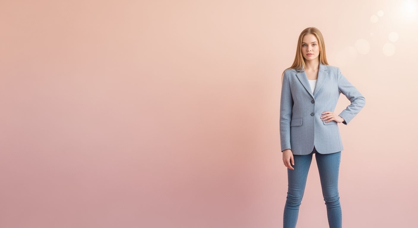Woman in a blue suit standing against a pink background Background Image