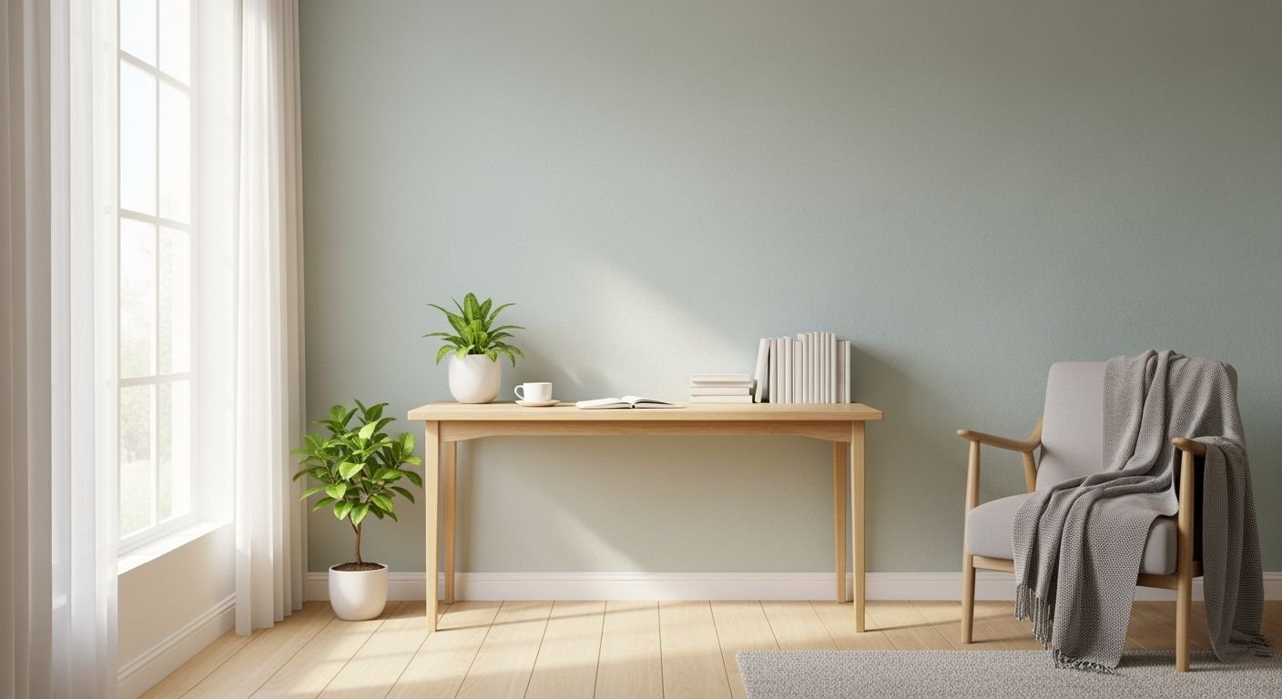 Wooden desk with a plant on top of it next to a chair Background Image