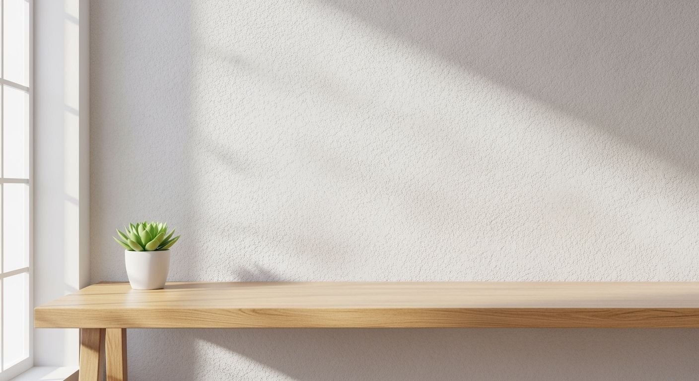 Wooden shelf with a plant on top of it Background Image