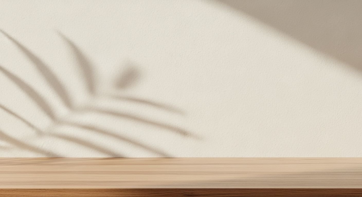 Wooden shelf with a shadow of a palm tree on it Background Image