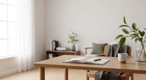 Wooden table with a book and a cup of coffee on it Background Image