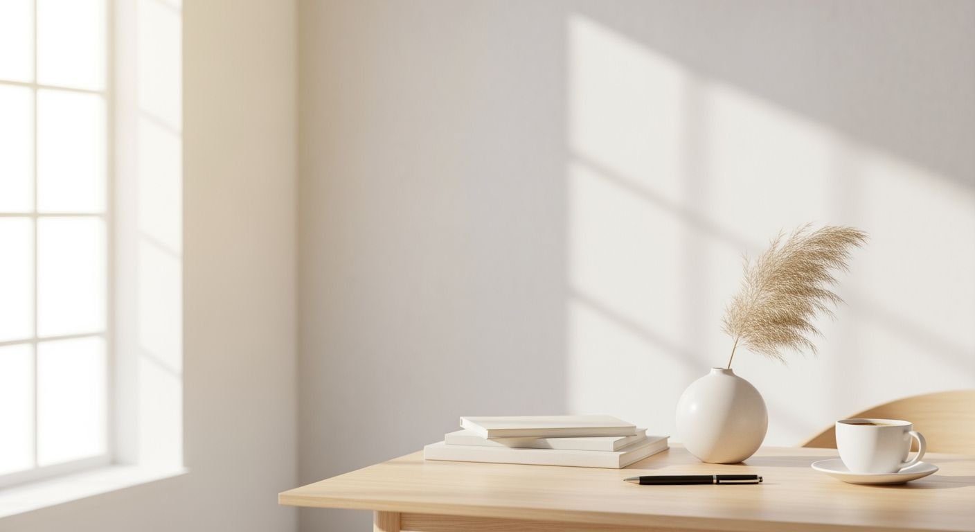 Wooden table with a cup of coffee and a plant on it Background Image