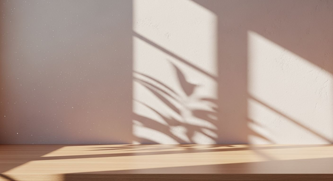 Wooden table with a shadow of a plant on it Background Image