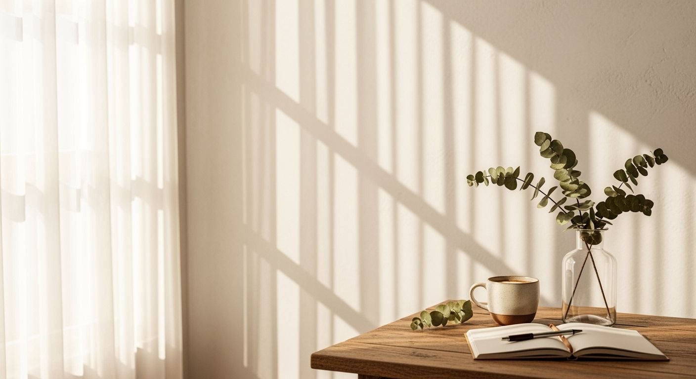 Wooden table with a vase of eucalyptus leaves and a cup of coffee Background Image