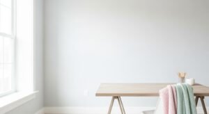 Wooden table with a white chair in front of a window Background Image