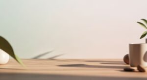 Wooden table with two cups and a plant on it Background Image